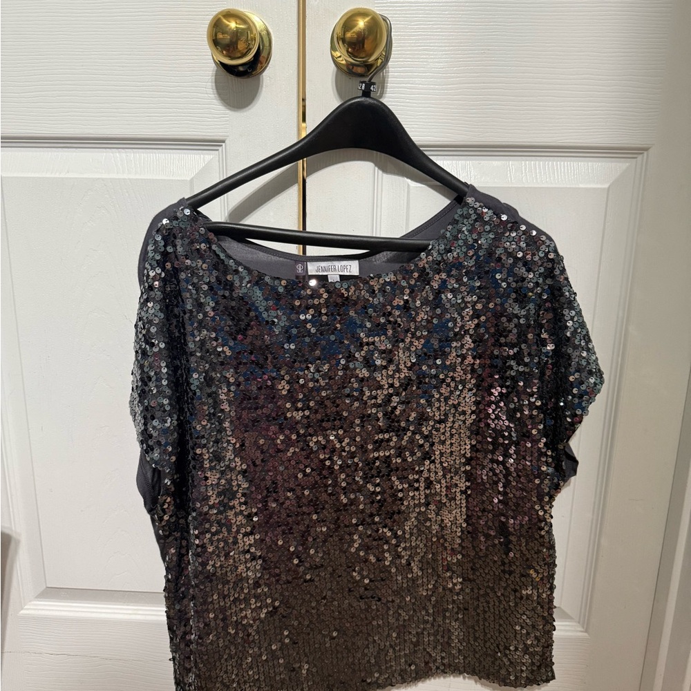 Jennifer Lopez Gray Sequin Boxy Blouse